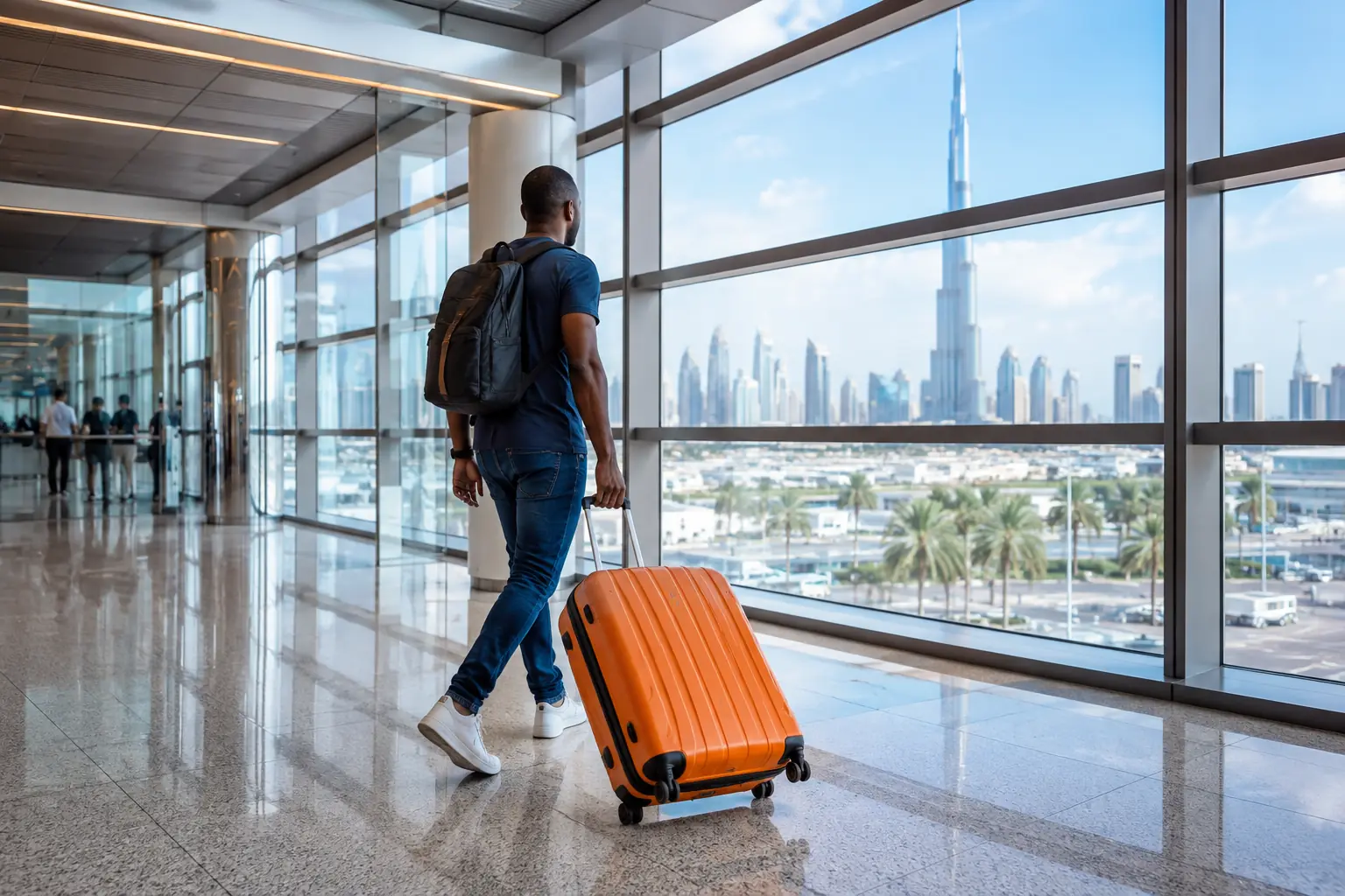 A South African traveller walking through Dubai International Airport arrivals with the Burj Khalifa visible through the terminal windows