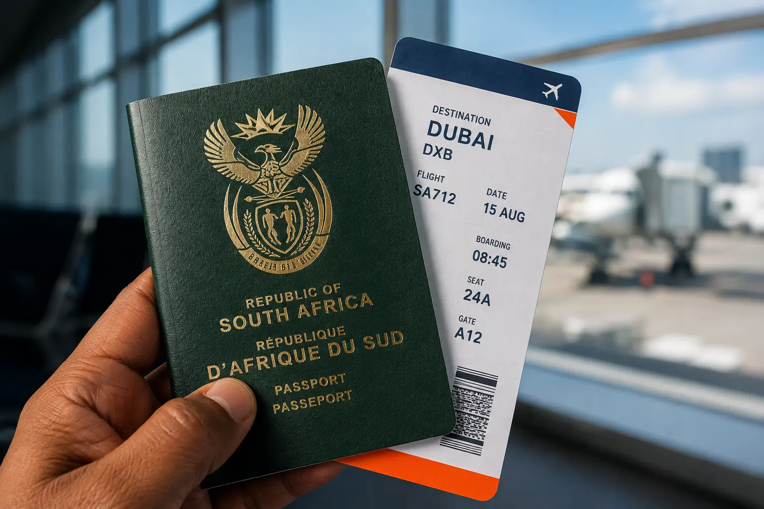 Close-up of a South African passport with a boarding pass for a Dubai-bound flight