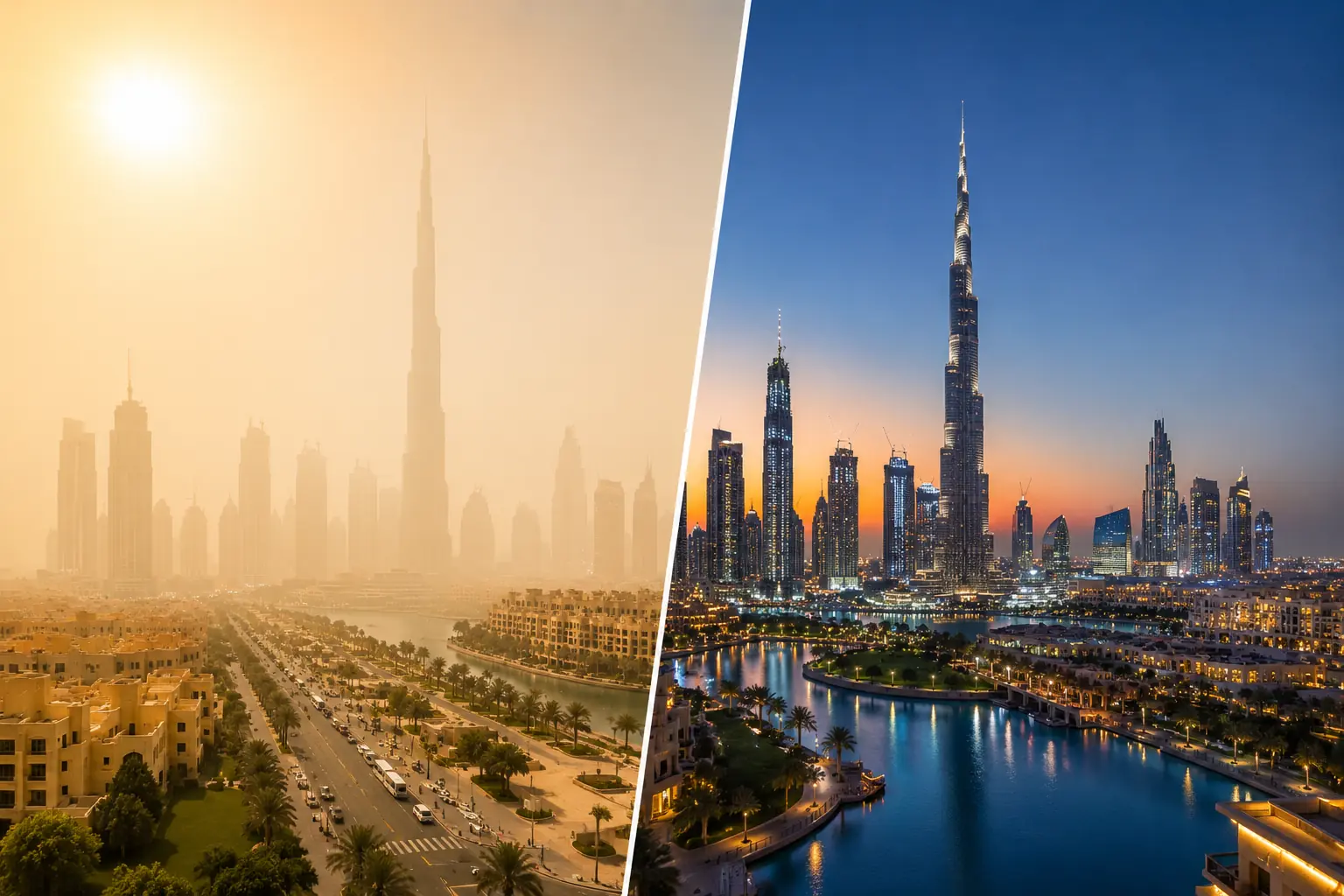 Split image showing Dubai in summer heat haze versus a mild, clear winter evening skyline